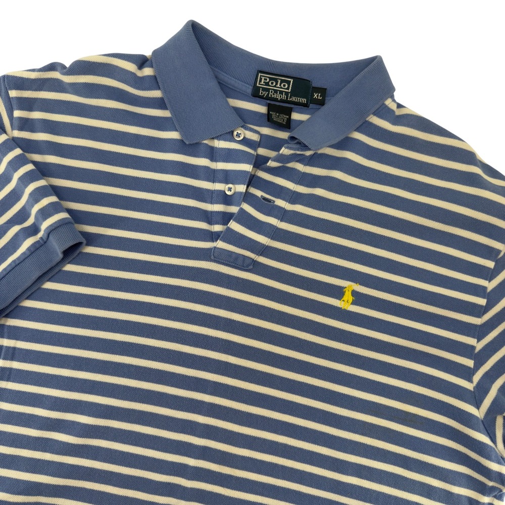 Polo Ralph Lauren Mens XL Blue White Striped Short Sleeve Polo Shirt Yellow